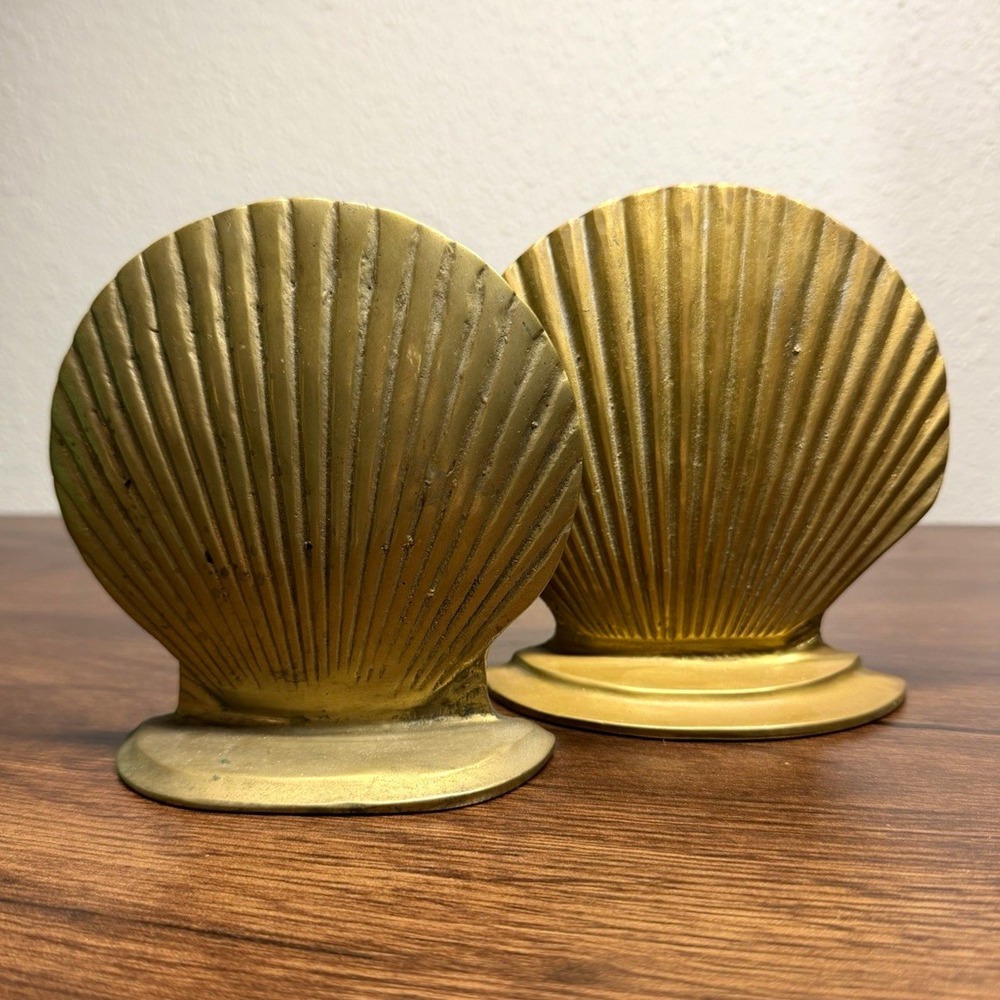 Gold Tone Seashell Metal Bookends Pair w/ Felt Bottom Nautical 5 in. Read